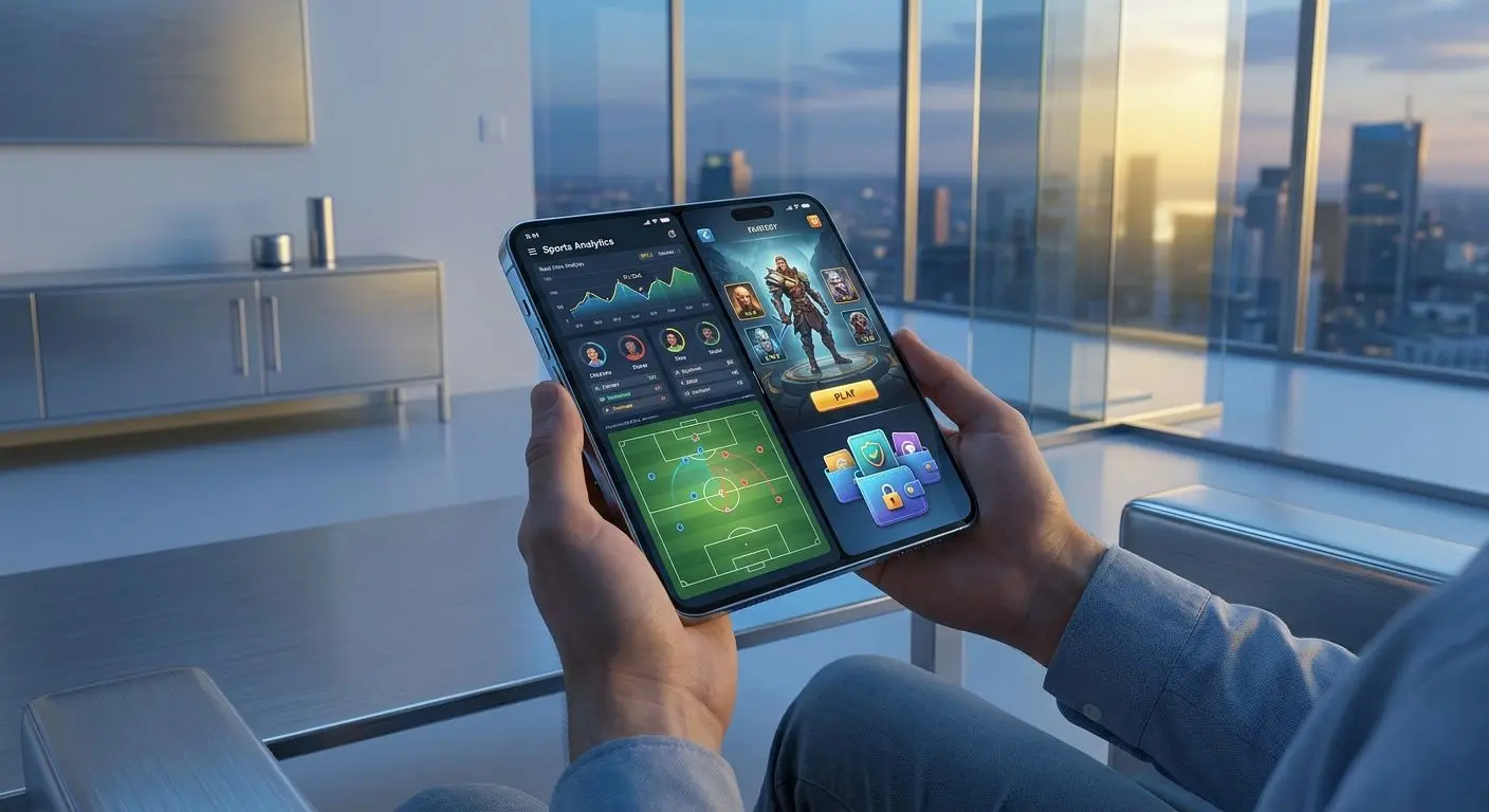 App móvel Solverde no smartphone Utilizador a usar app móvel com interface de jogo e desporto